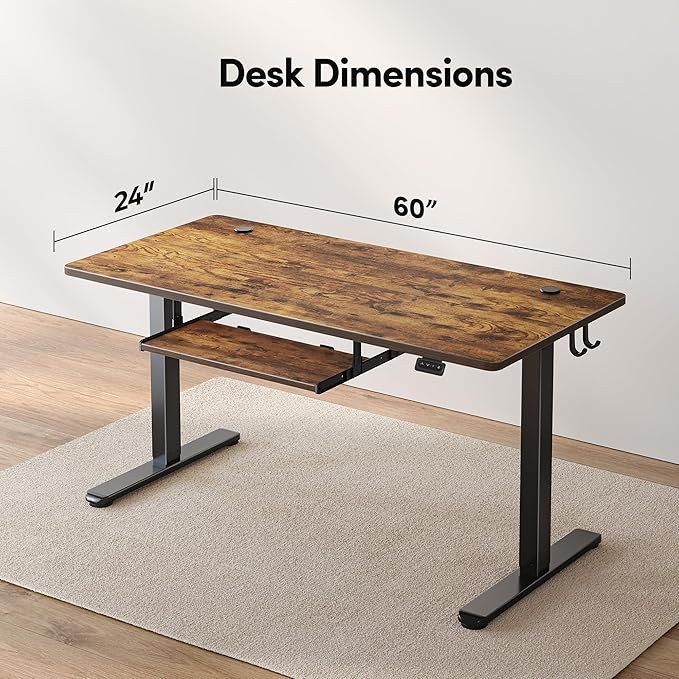 FEZIBO Standing Desk with Keyboard Tray, 60 x 24 Inch Adjustable Height Sit Stand Desk with Memory Presets for Home Office, Ergonomic Computer Workstation, Rustic Brown
