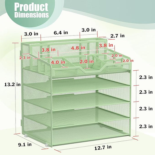 Docnest 5 Tier Mesh Desk Organizer for Paper Office Supplies – Multi-Functional Letter Tray with 5 Adjustable Compartments, 3 Pen Holders, Desktop Storage for Files, Mail, Stationery – Green