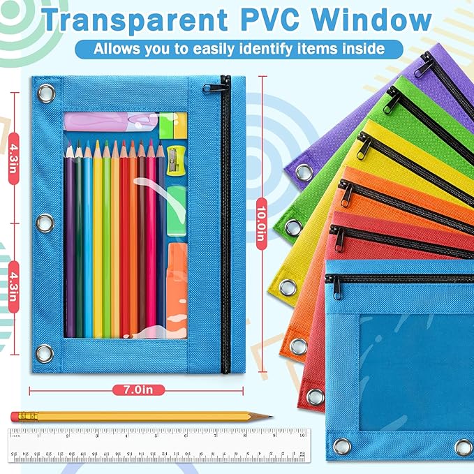 Pencil Pouch for 3 Ring Binder, 96 Pack Pencil Pouches with Zipper & Clear Window - 6 Assorted Color, Pencil Case Bulk for 3-Holes Binder, Multi-Purpose Storage Bag for Office, School Supplies (96)