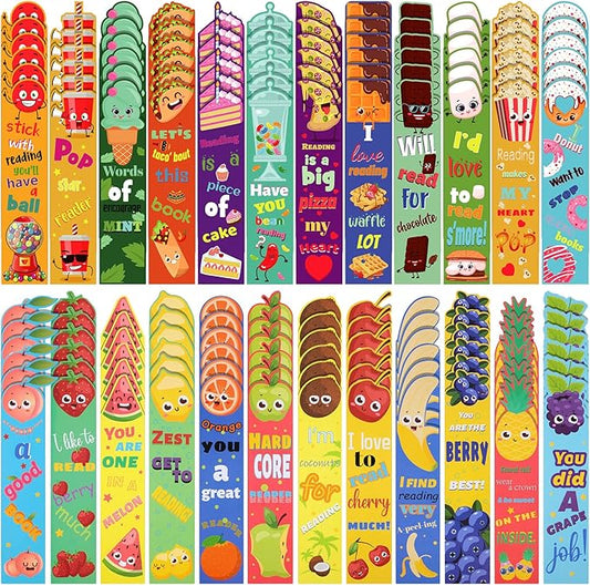 Geyee 144 Pcs Fruit Scented Bookmarks Scratch and Sniff Bookmarks Fun Classroom Smelly Bulk for Kids Students Teens School, 24 Styles
