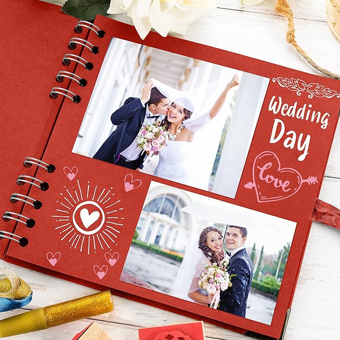 Bstorify Square Scrapbook Photo Albums 7 x 7 Inch Red Thick Paper, Hardcover, Metal Corners, Ribbon Closure - Ideal for Your Scrapbooking Albums, Art & Craft Projects