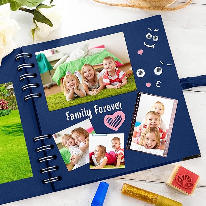Bstorify Square Scrapbook Photo Albums 7 x 7 Inch Blue Hardcover with Ribbon Closure - Ideal for Scrapbooking, Art & Craft Projects