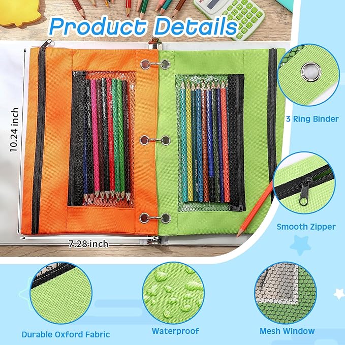 Tinlade 100 Pcs 3 Ring Binder Pencil Pouches Zipper Pouches Case with Mesh Window Ring Binder Pencil Bags Case for Christian Charity Donation Supplies(7 Colors)