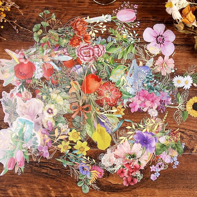 Dizdkizd Gilding Flower Stickers (240 Pieces) - Glitter Watercolor Transparent Stickers for Card Making Scrapbooking Envelopes Wrapped Gifts Arts and Crafts Journaling