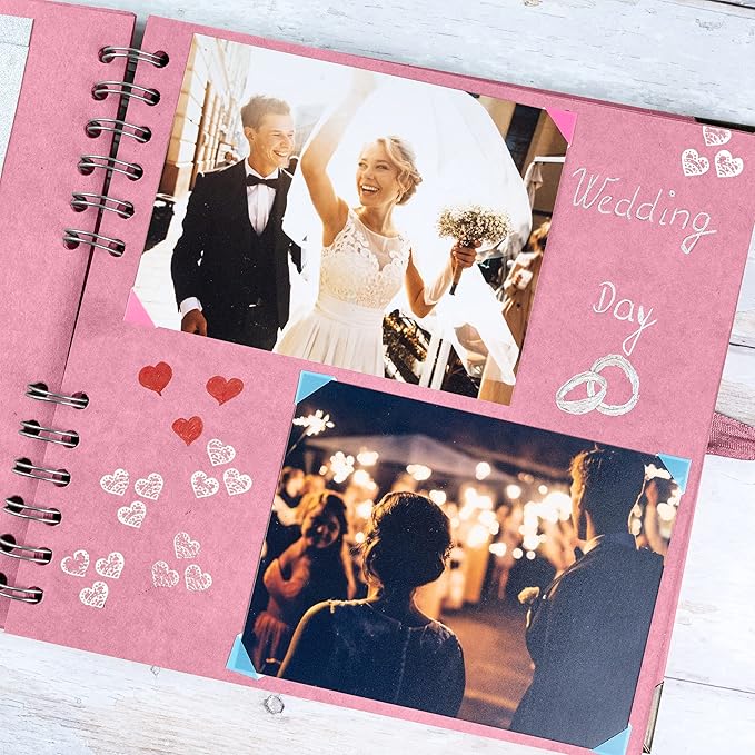 Bstorify Square Scrapbook Photo Albums 8 x 8 Inch Pink Thick Paper, Hardcover, Metal Corners, Ribbon Closure - Ideal for Your Scrapbooking Albums, Art & Craft Projects