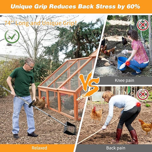 Rypet Chicken Poop Scooper & Rake 2-in-1 with Grip, 10 inches Metal Chicken Coop Scooper with Adjustable Stainless Steel Handle (36" to 74"), Sand Sifting Litter Shovel for Chicken Coops Farm Animal