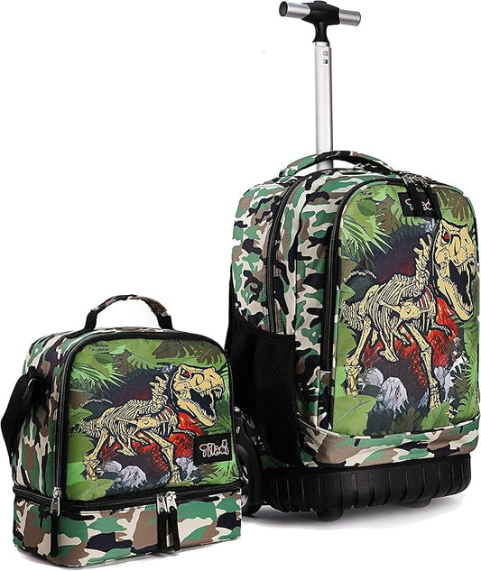Tilami Rolling Backpack 19 inch with Lunch Bag Wheeled Laptop Backpack, Dinosaur Camouflage