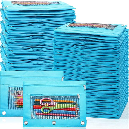 Zhehao 100 Pieces Zipper Binder Pencil Pouches Bulk 3 Ring Binder Pouches Zipper Pouches Case with Window Ring Binder Pencil Bags Case Office School Supplies (Blue,Double Layer with Mesh Layer)