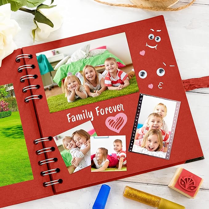 Bstorify Square Scrapbook Photo Albums 7 x 7 Inch Red Thick Paper, Hardcover, Metal Corners, Ribbon Closure - Ideal for Your Scrapbooking Albums, Art & Craft Projects