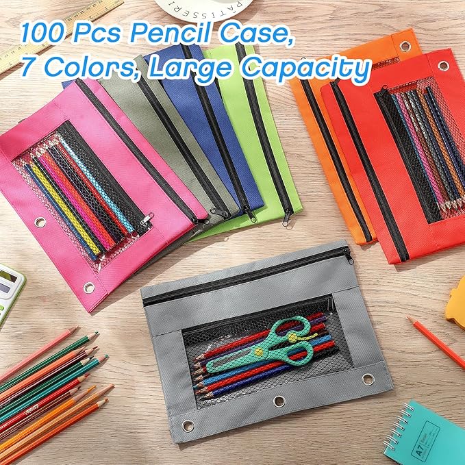 Tinlade 100 Pcs 3 Ring Binder Pencil Pouches Zipper Pouches Case with Mesh Window Ring Binder Pencil Bags Case for Christian Charity Donation Supplies(7 Colors)