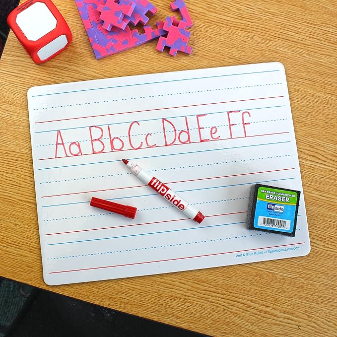 Flipside Products 9" x 12" Two Sided Dry Erase Red & Blue Lined, Color Markers and Erasers, Ruled, Learn to Write, Writing Practice, Pack of 12