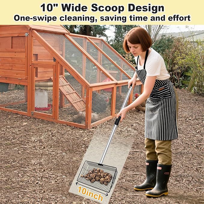 Chicken Poop Scooper, 10inch Large Chicken Coop Scooper for Sand with 32 to 67" Adjustable Stainless Steel Handle, Chicken Coop Scoop Metal Sifting Shovel for Chicken Coops & Small Farm Animals