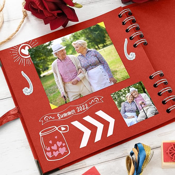 Bstorify Square Scrapbook Photo Albums 7 x 7 Inch Red Thick Paper, Hardcover, Metal Corners, Ribbon Closure - Ideal for Your Scrapbooking Albums, Art & Craft Projects