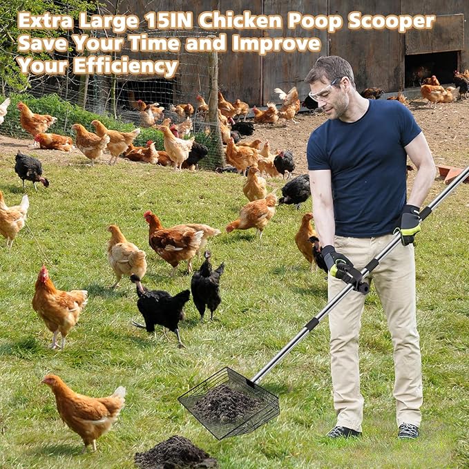 Extra Large 15" Metal Chicken Poop Scooper with Ergonomic Grip, 5-in-1 Adjustable Detachable Chicken Coop Accessories(24" to 76"), Multifuctional Litter Sifting Shovel with Stainless Steel Handle