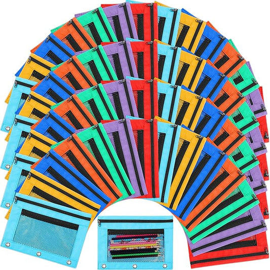 Zhehao 100 Pieces Zipper Binder Pencil Pouches Bulk 3 Ring Binder Pouches Zipper Pouches Case with Window Ring Binder Pencil Bags Case Office School Supplies (7 Colors,Double Layer with Mesh Layer)